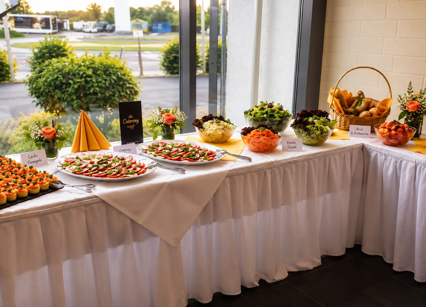 Buffet mit Salaten, Caprese und Lachshäppchen auf weiß eingedeckter Tafel