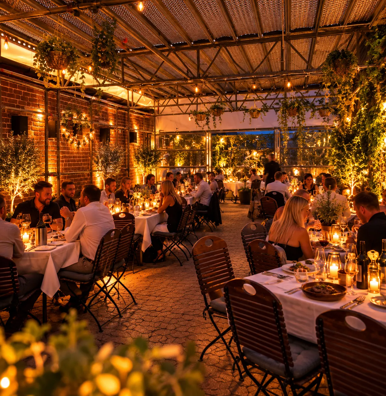 Voll besetzter Biergarten am Abend unter Lichterketten
