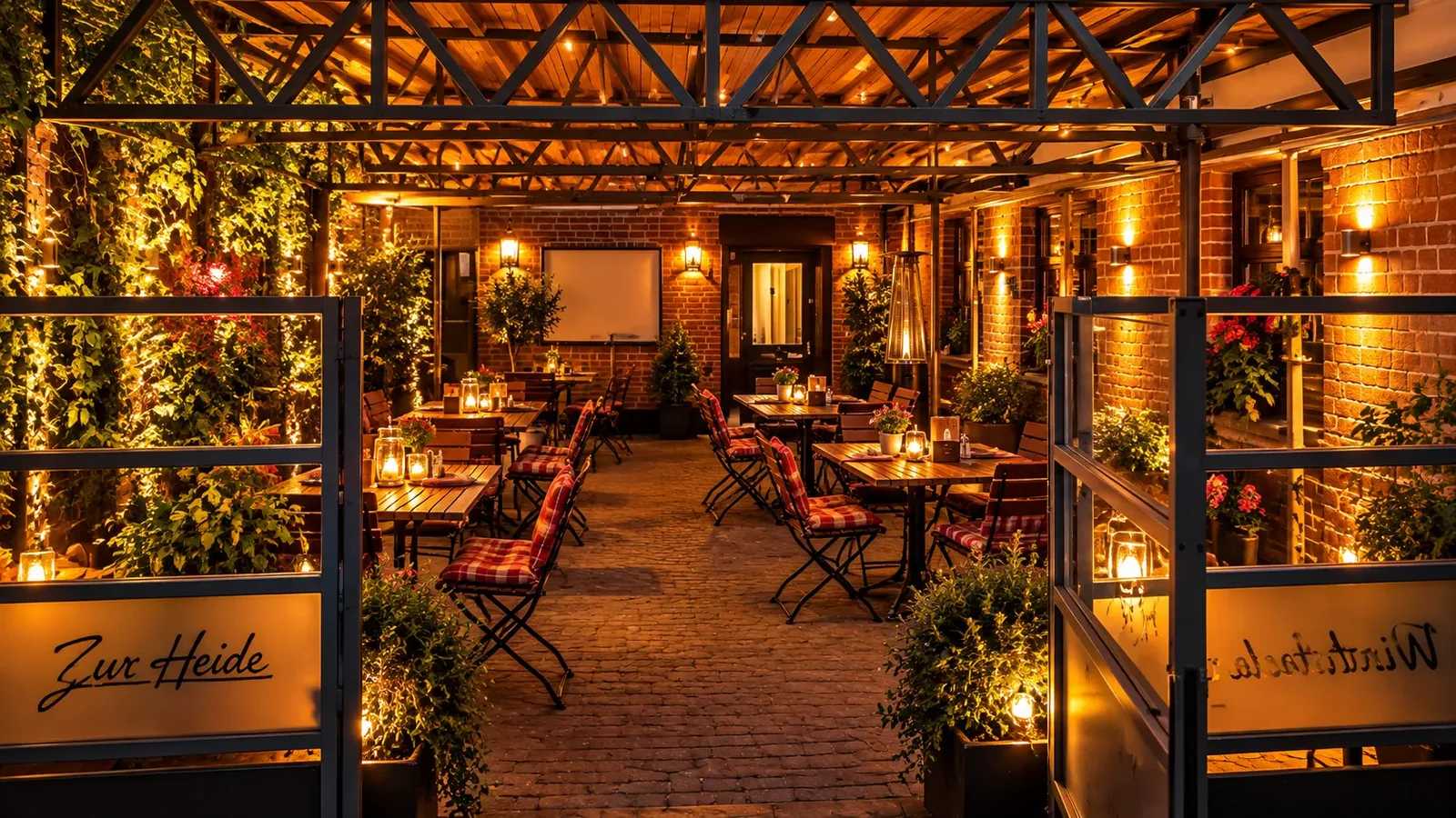 Der überdachte Biergarten am Abend mit Lichterketten, Kerzen und Heizstrahler