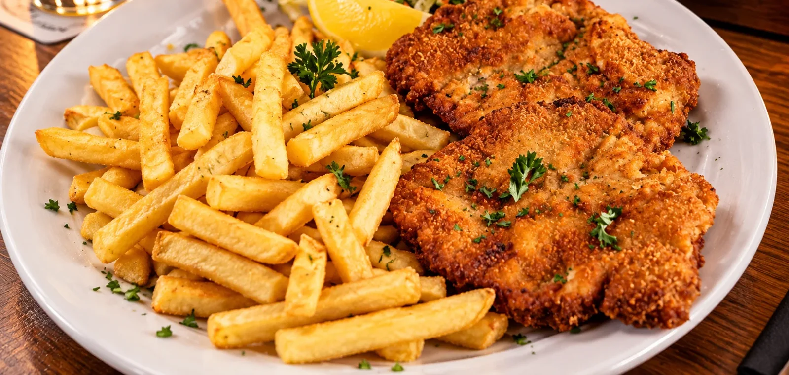 Zwei Schnitzel Wiener Art mit Pommes frites und Zitrone